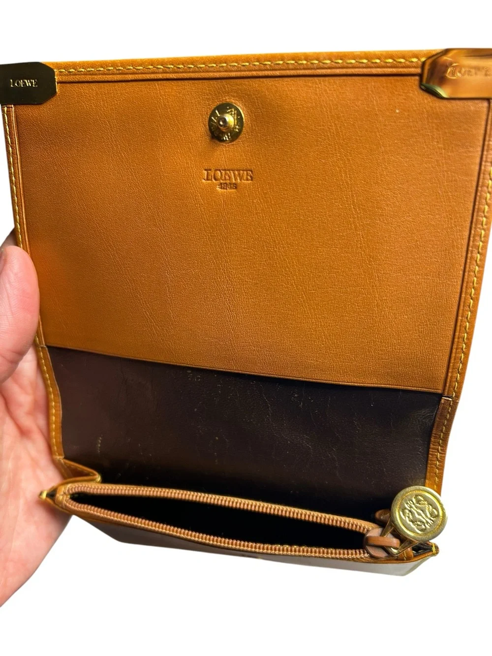 LOEWE Vintage Tan Leather Gold Corner Flap Wallet Coin Purse